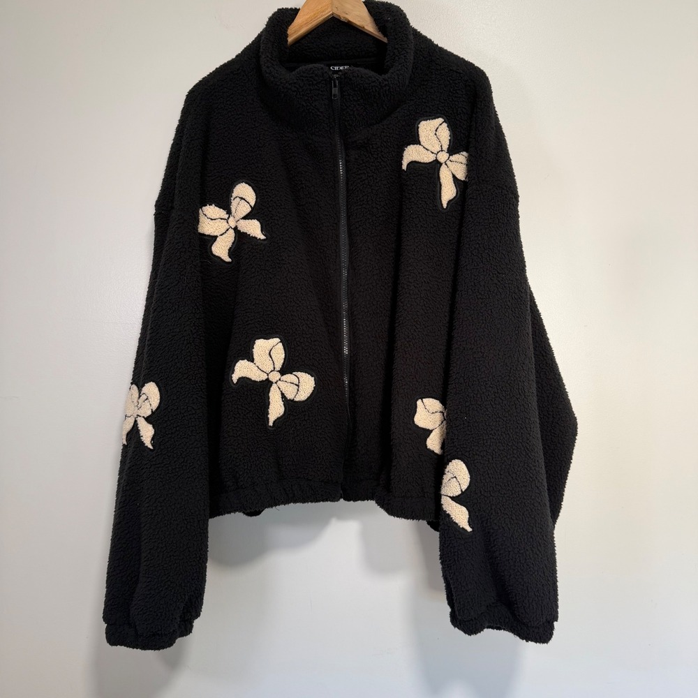 Cider Bow Fleece Zip Up Jacket Womens 3XL Black Coquette Teddy Mock Neck Pocket